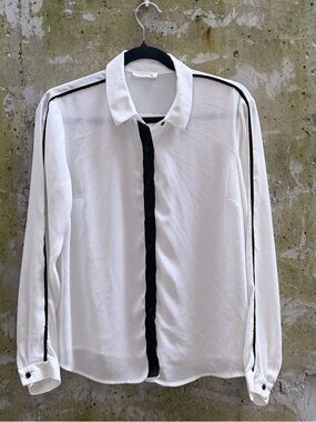 Lush Sheer Button Up Blouse, White Shirt with Black Trim, Small
